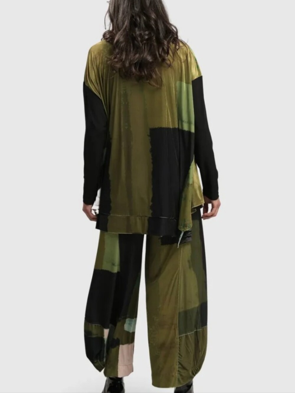 Alembika Trapeze Abstract Print Velvet Green Oversized Tunic Top Sz S(8-12) Boho - Picture 3 of 9